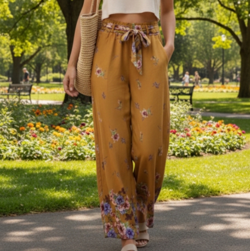 Sweet Rain Wide Leg Stretchy Pants Mustard Floral Tie Waist